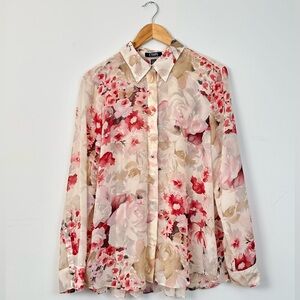 Chaps Pink & Cream Floral Button Up Blouse with Pleated Back